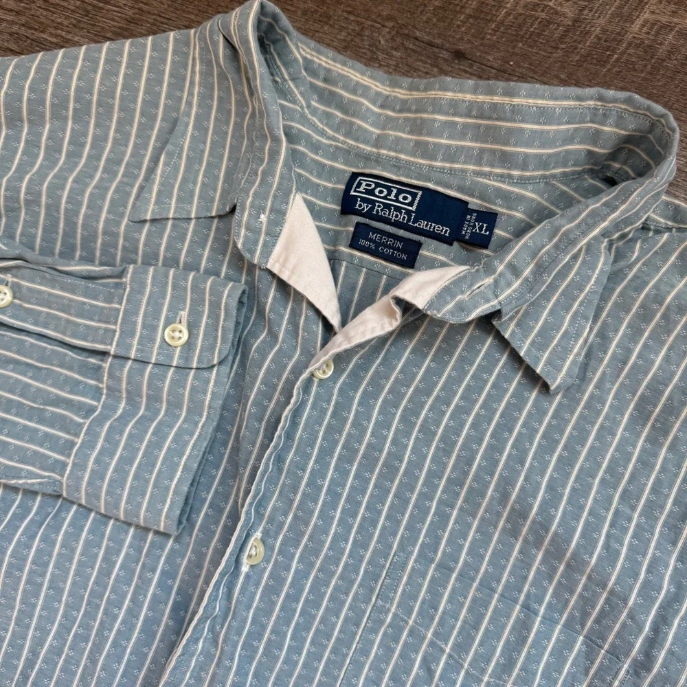 Polo Ralph Lauren Merrin Blue White Striped Dobby Cotton Shirt Mens XL Summer